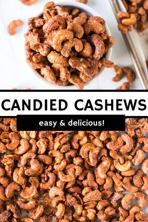 Easy Candied Cashews are crunchy, a little bit salty, and a little sweet with the cinnamon sugar coating. Perfect for snacking or gifting! | www.persnicketyplates.com Cinnamon Roasted Cashews, Cinnamon Cashews Roasted, Cashew Candy Holidays, Cashew Snack Ideas, Cinnamon Sugar Cashews, Candy Cashews Recipes, Cashew Nuts Recipe, Candied Cashews Easy, Cashew Ideas