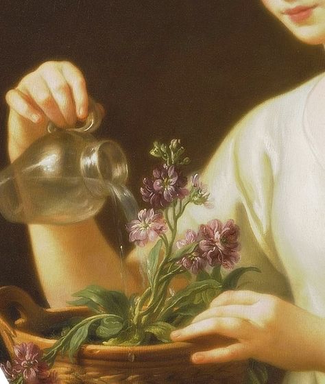 Young woman watering a pot of flowers, Detail (1763) by Joseph Marie Vien… Pot Of Flowers, Rennaissance Art, Creation Art, Victorian Art, Old Paintings, Aesthetic Painting, Sketchbook Inspiration, Ethereal Art, Classical Art