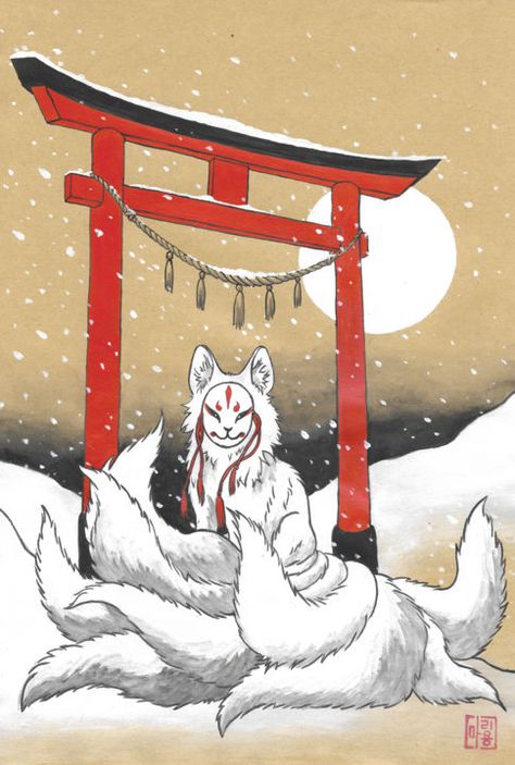 Nine Tailed Fox Aesthetic, Nine Tail Fox Art, Japanese Kitsune Art, Kitsune Illustration, Nine Tailed Fox Art, Kitsune Yokai, Inari Okami, Inari Fox, Japanese Kitsune