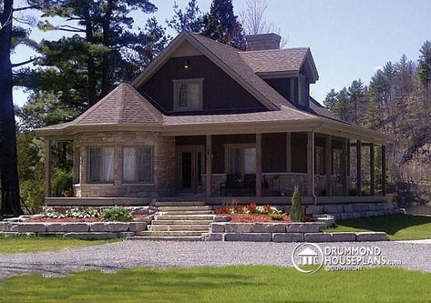 front Country cottage with wrap around porch, open floor plan, centralized fireplace - Florence Cottage With Wrap Around Porch, Drummond House Plans, Rustic House Plans, Building A Porch, Country House Plan, House With Porch, Country Bedroom, Wrap Around Porch, Porch Design