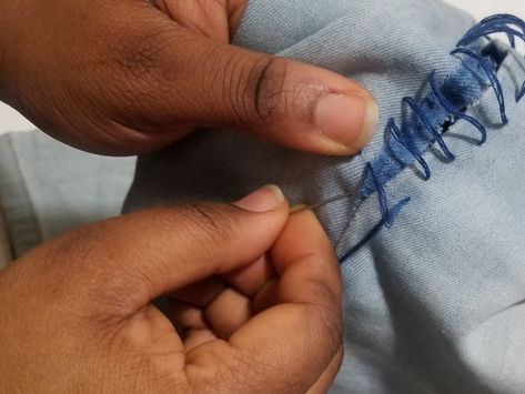 How to Sew an Invisible Stitch in Torn Jeans - iFixit Repair Guide Diy Torn Jeans, Jean Tear Repair, How To Repair Torn Jeans, Repair Jeans By Hand, How To Sew Ripped Jeans By Hand, Sewing Ripped Jeans By Hand, Repair Torn Jeans, Sewing Ripped Jeans, Repair Jeans Crotch