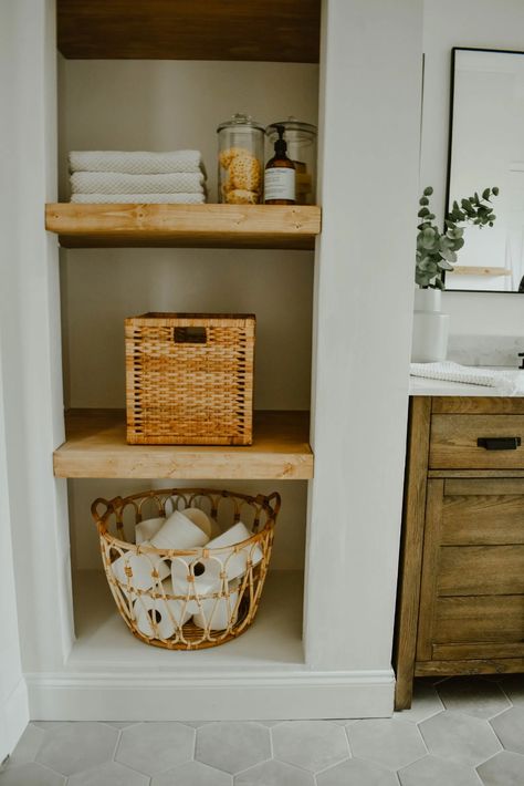 How to Transform a Linen Closet to Open Shelving - House On Longwood Lane Modern Eclectic Bathroom, White Subway Tile Bathroom, Wooden Bathroom Vanity, Subway Tiles Bathroom, Farmhouse Vanity, Diy Bathroom Vanity, Eclectic Bathroom, Bathroom Closet, Diy Bathroom Remodel