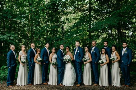 Rustic outdoor wedding. Bridal party. Groomsmen and bridesmaids. Navy suits and champagne dresses. White and greenery bouquets Navy Bridal Parties, Navy Rustic Wedding, Rustic Wedding Suit, Greenery Bouquets, Groomsmen And Bridesmaids, Rustic Wedding Groomsmen, Bridal Party Groomsmen, Wedding Groomsmen Attire, Navy Suits