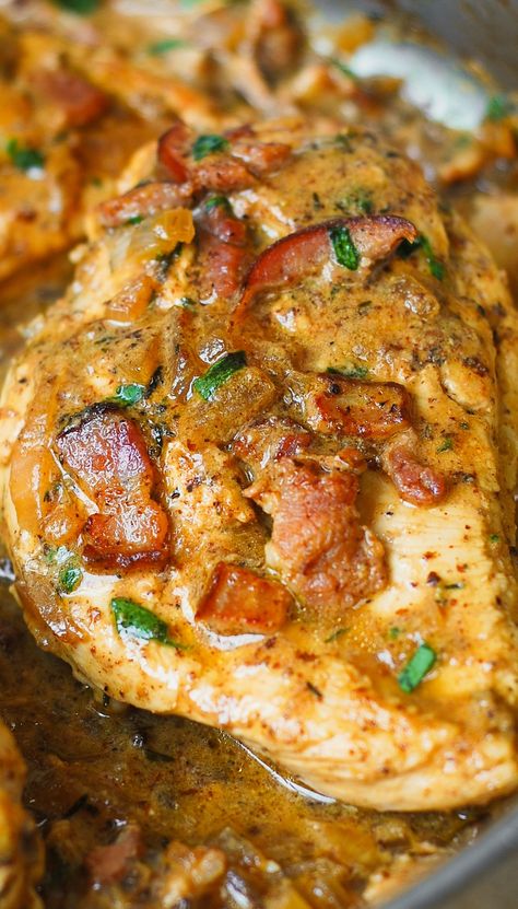 Chicken with Bacon and Mustard Sauce #chicken #chickenbreasts #bacon #mustardchicken #baconchicken #comfortfood Chicken With Bacon, Bacon Chicken, Chicken Ideas, Mustard Sauce, Ethnic Food, Winner Winner Chicken Dinner, Berry Smoothie, Low Carb Chicken, Chicken Bacon