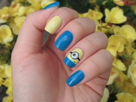 Minion Nails | DIY Easy Minion Nail Art Tutorial Minion Nail Art, Cute Easy Nail Designs, Yin En Yang, Minion Nails, A Minion, Short Nails Art, Simple Nail Art Designs, Disney Nails, Nails For Kids