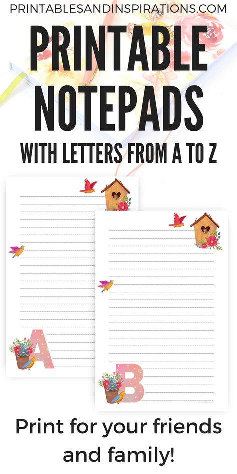 Easy DIY gift ideas for family and friends - personalized notepads with letters of the alphabet. Printable notepads with cute design. Printable Notepad, Bible Verses About Mothers, Anniversary Month, Free Printable Monthly Planner, A5 Planner Printables, Free Printable Stationery, Note Pad Design, Notes Stationery, Banner Letters