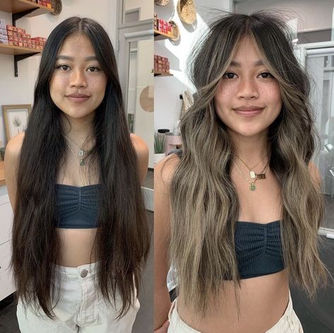 Virgin Hair Transformation, Hair Before And After Toner, Seamless Balayage, Baylage On Dark Hair, Before And After Curtain Bangs, Curtain Bangs Balayage, Curtain Bangs Before And After, Bangs Before And After, Bangs And Balayage