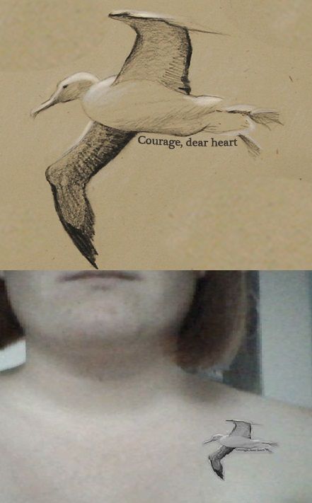 Albatross tattoo, "Courage, dear heart" inspired by The Chronicles of Narnia: The Voyage of the Dawn Treader Albatross Tattoo Design, Courage Dear Heart Tattoo, Tattoo Courage, Albatross Tattoo, Aka Tattoo, Red Hair Tattoos, Wandering Albatross, Simple Cat Makeup, Tattoo Symbolism