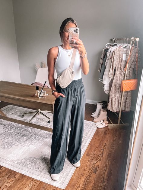 Athleta Wide Leg Pants, Flowy Pants With Sneakers, Wide Leg Active Pants Outfit, Tan Lounge Pants Outfit, Cropped Yoga Pants Outfit, Target Wide Leg Pants Outfit, Grey Flowy Pants Outfit, Wide Flowy Pants Outfit, Loose Yoga Pants Outfit