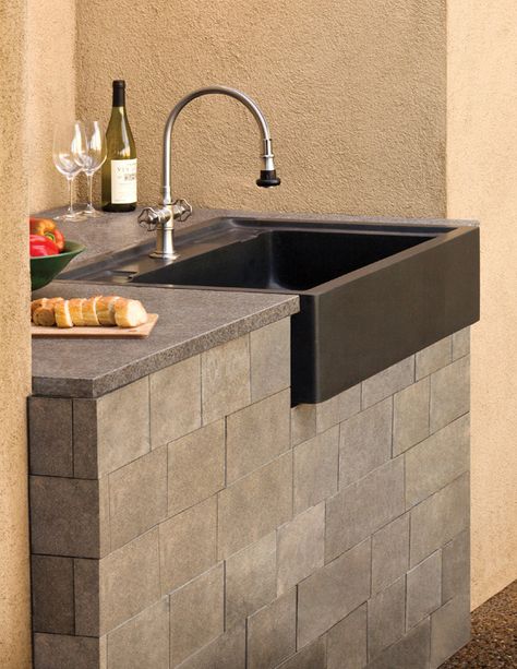 The weekend is on it's way so let's get outside and BBQ. Oh, don't have an outdoor kitchen, we can help with that! How about a honed black granite farmhouse sink to bring sleek elegance into your outdoor living space? . . . . . . #stoneforest #outdoorkitchens #backyardgoals #backyardoasis #outdoorliving #outdoordesign #outdoordecor #outdoorcooking #backyardbbq Landscape Styles, Barn Sink, Lavabo Exterior, Outside Sink, Outdoor Kitchen Sink, Small Kitchen Sink, Garden Sink, Kitchen Sink Organization, Outdoor Sinks