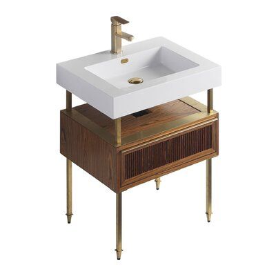 Wrought Studio Almond 24" Single Bathroom Vanity Set Satin Brass Hardware, Console Sink, Basin Cabinet, Vanity Set With Mirror, Double Vanity Bathroom, Pedestal Sink, Sink Cabinet, Bathroom Sink Vanity, Bathroom Vanity Set