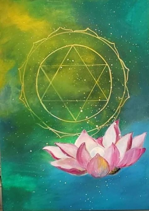 Lotus Flower Symbolism, Chakra Painting, Anahata Chakra, Chakra Art, Paintings Oil, Painted Hearts, Flower Green, Kundalini Yoga, Abstract Art On Canvas