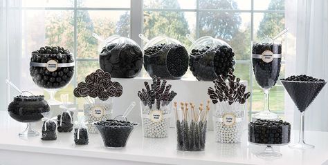 Black Candy Buffet Supplies - Black Candy & Containers | Party City Black Candy Table, Black Candy Buffet, White Candy Buffet, Rip 20s, Candy Buffet Bar, Black Dessert, Black Party Decorations, Diy Bling, Candy Buffet Wedding