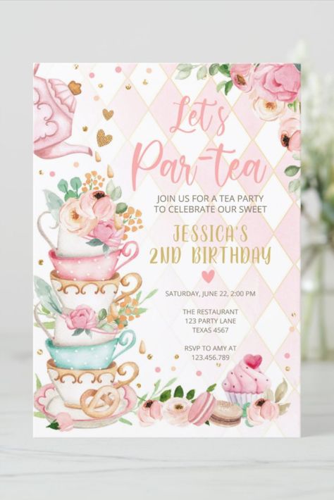 Tea Birthday Invitation Girl Party Par-tea Floral Tea themed party invitation for your perfect celebration #tea #floral #birthday #happybirthday #birthdaycards #birthdayparty #2ndbirthday Five Year Old Tea Party Birthday, First Birthday Girl Tea Party, Tea Themed Party, Toddler Tea Party Birthday, Tea Party Themed Birthday, Kids Tea Party Birthday, Tea Party Birthday Theme, Girls Tea Party Birthday, Toddler Tea Party