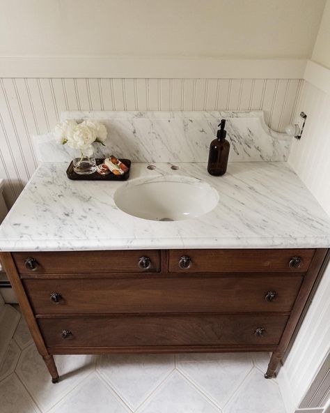 ✨$30 dresser turned into stunning bathroom vanity✨ I knew when I saw this piece two years ago I loved it. It was in rough shape though, so… | Instagram Ready Made Bathroom Vanity, Vintage Table Bathroom Vanity, Dresser To Vanity Bathroom, Dresser As Bathroom Vanity, Old Dresser Bathroom Vanity, Dresser Bathroom Vanity, Dresser Vanity Bathroom, Dresser Turned, Marble Bathroom Vanity