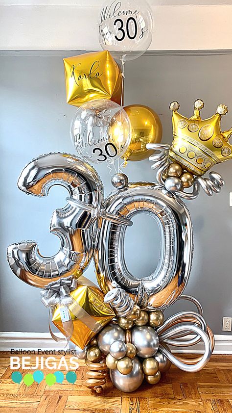 30 Birthday Balloon Bouquet, 30th Birthday Balloon Bouquet, 30th Balloon Ideas, Balloon Bouquet Ideas Birthday, Gold Balloon Bouquet, Balloon Design For Birthday, 30th Birthday Balloons, 40th Birthday Balloons, 30th Birthday Themes