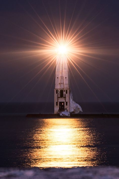 Frankfort Lighthouse, Warrior Prayer, Lighthouse At Night, Frankfort Michigan, Lake Lighthouse, Lake Artwork, Lighthouse Lighting, Michigan Photography, Lighthouses Photography