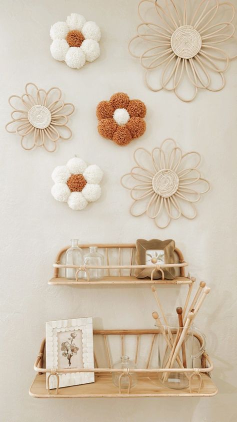 Flower Wall With Name Nursery, Nursery Flowers On Wall, Boho Fitting Room, Pastel Boho Nursery, Orange Boho Nursery, Boho Wall Flowers, Neutral Flower Nursery, Desert Rose Nursery, 70s Nursery Decor