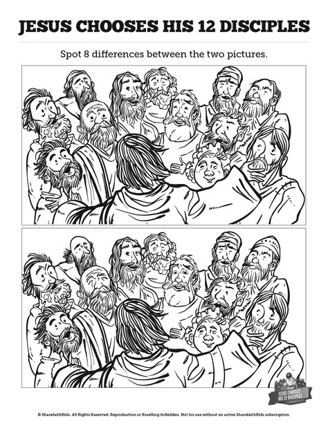 Jesus Chooses His 12 Disciples Kids Spot The Difference: Think these two Jesus and his 12 disciples illustrations look the same? Well you might want to take a second look. With eye catching artwork and a creative challenge your kids are going to love this 12 disciples Bible activity page. 12 Disciples Of Jesus Craft, Jesus Chooses His Disciples Craft, Jesus Calls His Disciples Craft, Jesus And Disciples, Twelve Disciples, Sunday School Worksheets, 12 Disciples, Sunday School Printables, Kids Sunday School Lessons