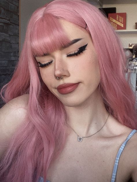 long pink hair inspo, pink hair with bangs, pastel light pink hair, butterfly necklace, egirl inspo, alt inspo, heavy eyeliner inspo, makeup inspo, nose contour, lipstick, fake lashes, manhua / manga lashes, pfp inspo, egirl icons, egirl pfp, pink hair pfp, fake freckles, cute makeup inspo, septum piercing Light Pink Hair With Bangs, Pfp Pink Hair, Pink Hair With Bangs, Egirl Inspo, Egirl Icons, Pink Hair Pfp, Pinkish Red Hair, Heavy Eyeliner, Pale Pink Hair