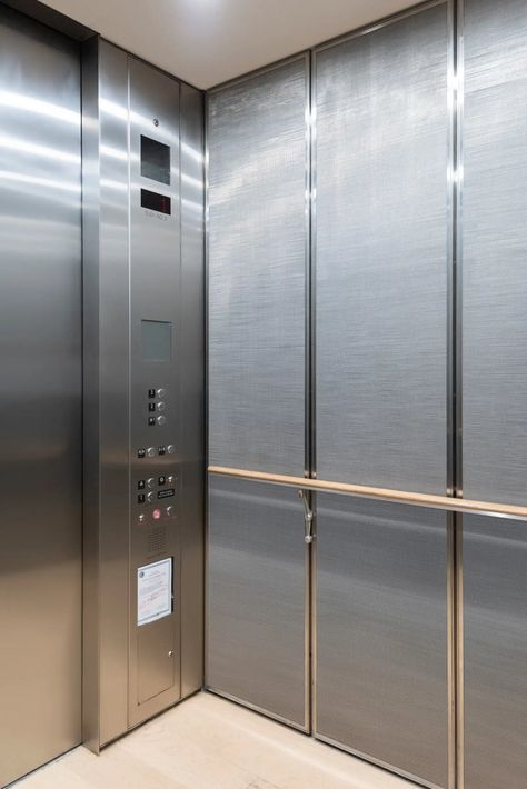 Elevator Interior Design, Build & Install | (407) 464-5300 Inside Elevator, Elevator Interior Design, Elevator Aesthetic, Perimeter Lighting, Elevator Interior, Back Painted Glass, Stainless Steel Sheet, Decorative Wall Panels, Cabin Design