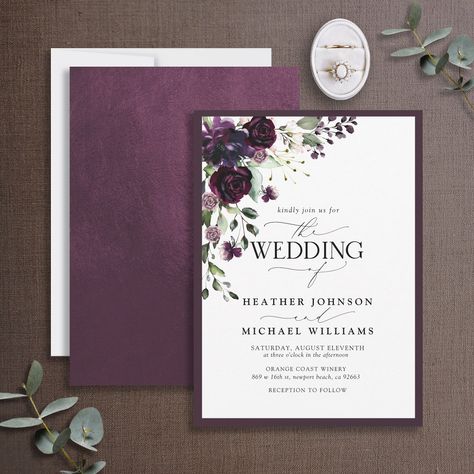 Plum Purple Wedding, Mauve Flowers, Modern Hand Lettering, Watercolor Calligraphy, Formal Wedding Invitations, Purple Wedding Invitations, Flowers Botanical, Gold Watercolor, Fall Wedding Invitations