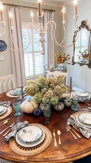 Antique Hydrangea, Grand Millennial Decor, Happy First Day Of Fall, Thanksgiving Candles, Grand Millennial Style, Dried Hydrangeas, First Day Of Fall, Fall Tablescapes, Floral Centerpiece