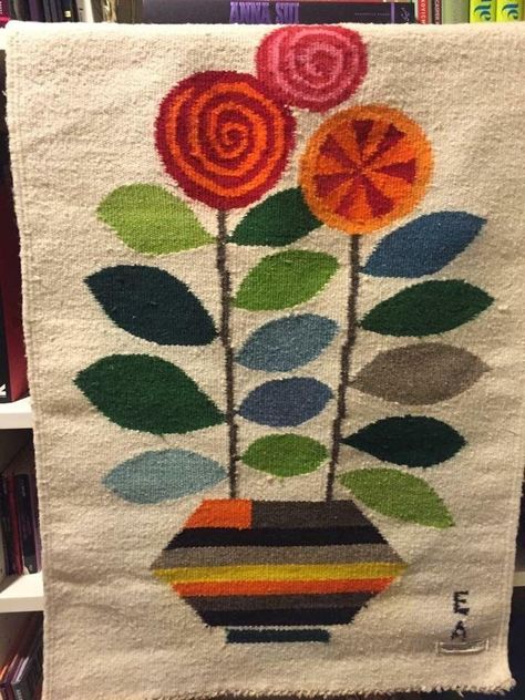 Vintage Evelyn Ackerman Lillipop Mid-Century Signed E A Woven Wool Tapestry | #1782652889 Heart Needlework, Evelyn Ackerman, Lollipop Flower, Floral Weaving, Contemporary Tapestries, Tapestry Ideas, Wool Tapestry, Woven Art, Weaving Rug