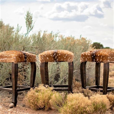 Axis Deer Hide Upholstered Bar Stools Axis Deer Hide, Western Bar Stools, Cowhide Bar Stools, Cowhide Decor, Axis Deer, Western Bar, Ranch Ideas, Ranch House Decor, Hidden Bar