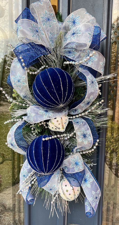 Christmas Swag Elegant Royal Blue and Silver Swag Christmas - Etsy Blue And Silver Christmas, Pine Swag, Blue Christmas Tree Decorations, Colorful Christmas Decorations, Christmas Flower Decorations, Hanger Christmas, Swag Christmas, Door Hanger Christmas, Blue Christmas Decor