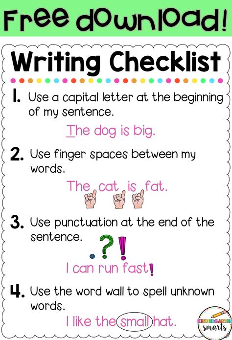 Writing Strategies for the Beginning of the School Year - Kindergarten Smarts Writing Strategies For Kindergarten, Kindergarten Writing Checklist, Writing Checklist Kindergarten, Writing Checklist First Grade, Beginning Writing First Grade, Beginning Sentence Writing Kindergarten, Writing Strategies For Elementary, Writing Folders Kindergarten, Year 2 Writing