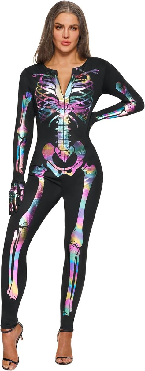 Women's Skeleton Costume Multicolored One Piece Sugar Skull Halloween Costume, Skeleton Costume Women, Skeleton Bodysuit, 3d Skeleton, Sugar Skull Costume, Women Skeleton, Skeleton Costume, Bodysuit Jumpsuit, Unique Costumes