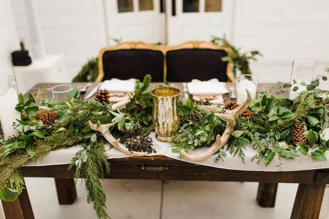 Woodsy Sweetheart Table, Sweetheart Table With Antlers, Garland With Candles, Head Table, Sweetheart Table, Deer Antlers, Antlers, Winter Wonderland, Photo Ideas