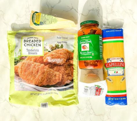 Trader Joes Chicken Parmesan, Trader Joe’s Chicken Parmesan, Parmasean Chicken, Trader Joes Bread, Frozen Mashed Potatoes, Breaded Chicken Parmesan, Trader Joes Recipes Healthy, Cheese Noodles, Breaded Chicken Recipes