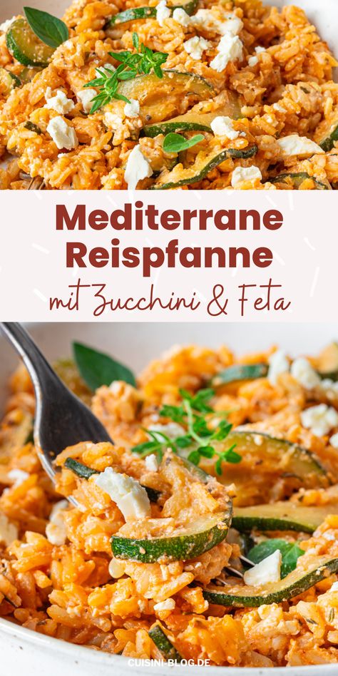 Diese einfache Reispfanne mit Zucchini und Feta ist lecker mediterran gewürzt und schnell zubereitet. Ein vegetarisches Rezept für den Sommer, das allen schmeckt. Healthy Veggie Recipes, Fast Dinner, Low Calorie Recipes Dinner, Zucchini Feta, Veggie Snacks, Veggie Dinner, Summer Recipes Dinner, Tasty Vegetarian Recipes, Food Recepie