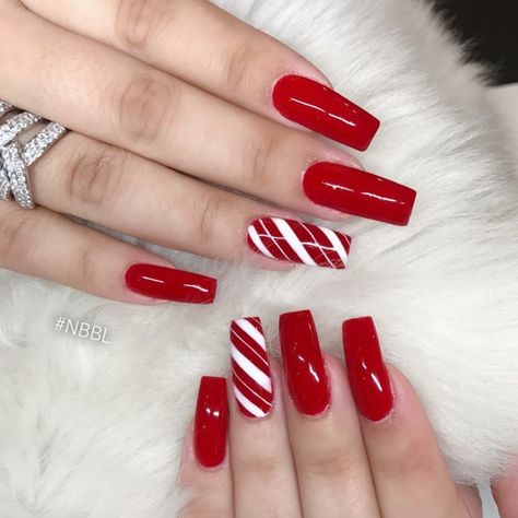 Christmas Nails. Candy Cane Nails. Red Nails. Acrylic Nails. Winter Gel Nails, Nail Art Noel, Red And White Nails, Unghie Nail Art, Candy Cane Nails, Red Christmas Nails, Simple Acrylic, Red Acrylic Nails, Winter Nails Acrylic