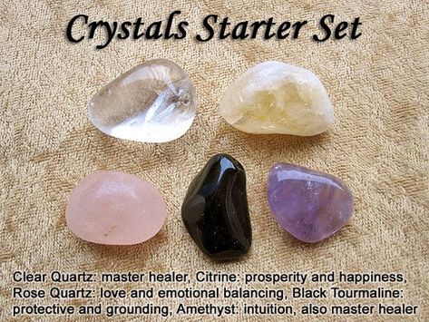 Crystal Healing Starter Set - Clear Quartz, Citrine, Rose Quartz, Black  Tourmaline, Amethyst Starter Crystals, Different Types Of Crystals, Therapy Healing, The Crystals, Crystal Power, Crystal Guide, Types Of Crystals, Gemstone Meanings, Crystal Therapy