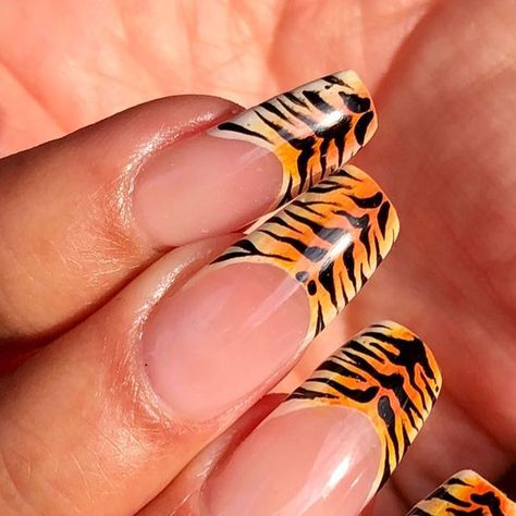 Tiger Print French Tip Nails, Tiger Nails Designs, Tiger Print Nails, Tiger Stripe Nails, Tiger Nail Art, Acrylics Nails, Tiger Nails, Animal Print Nails Art, Joe Exotic