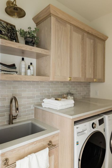 Oak Cabinet Laundry Room, Laundry Room Storage Under Washer And Dryer, Small Laundry Room No Window, Basic Laundry Room Ideas, Laundry Room Backsplash Tile, Laundry Room Storage Cabinet Ideas, Laundry Room Butcher Block Counter, Laundry Room Off Garage, L Shaped Laundry Room Layout