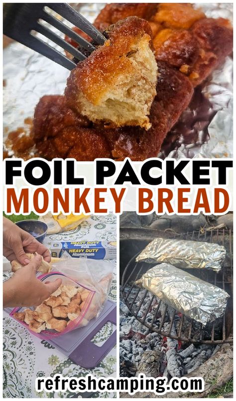 make monkey bread in aluminum foil over the campfire Foil Packet Desserts For The Grill, Foil Packet Desserts Camping, Campfire Desserts Foil Packets, Fire Pit Desserts, Foil Desserts For Camping, Campfire Sandwiches, Camping Fire Desserts, Foil Packet Desserts, Camping Monkey Bread