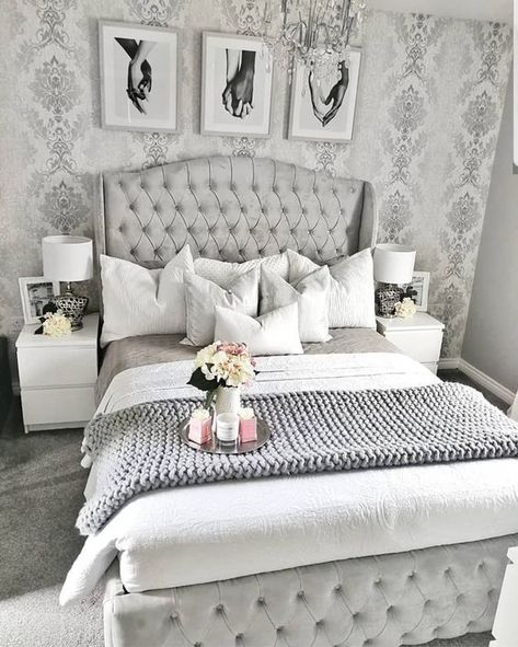 Grey and White Bedroom Ideas: Create Rooms of High Class | Decoholic Gray And White Bedroom, Grey And Silver Bedroom, Grey Bedroom Design, Silver Bedroom, Grey Bedroom Decor, Decor Ikea, Dekorasi Kamar Tidur, Grey Bedroom, Elegant Bedroom