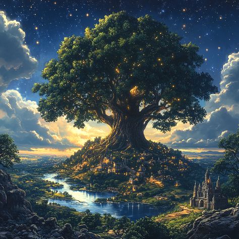 A large tree in the center below the tree will. Giant Tree Fantasy Art, Katsura Tree, Fantasy Quest, Fantasy Literature, Fantasy Genre, Fantasy High, Fantasy Role Playing, Giant Tree, Fantasy Authors