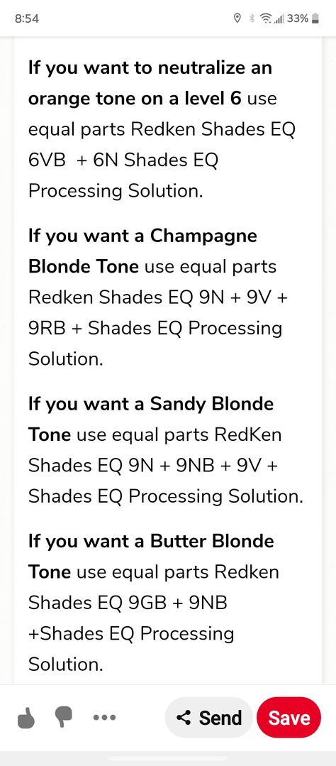 Shades Eq Toner Formulas For Orange, Low Light Formulas, Blonde Hair Color Formulas, Color Formulas, Redken Toner, Hair Stylist Tips, Hair Color Placement, Hair Science, Redken Hair Color