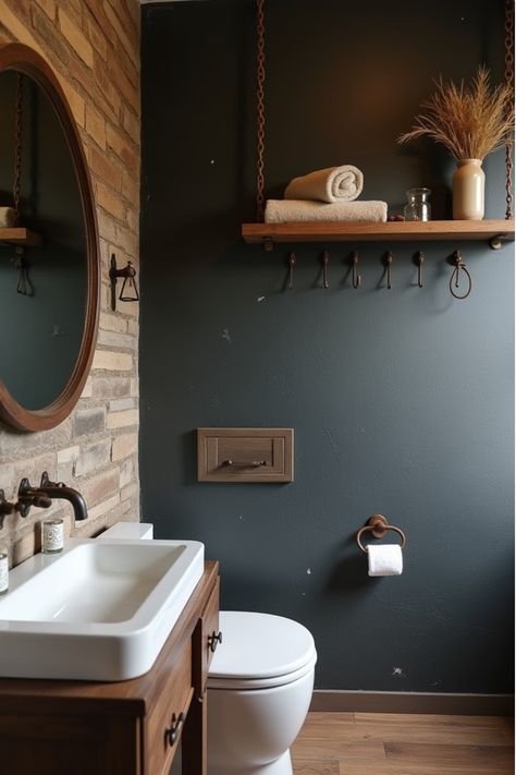 Chalkboard painted wall with rustic bathroom accessories Charcoal Accent Wall Bathroom, Small Bathroom Makeover On A Budget, Bathroom Tile Rustic, Industrial Guest Bathroom, Bathroom Ideas Paint Walls, Small Masculine Bathroom, Industrial Small Bathroom, Woodsy Bathroom, Country Rustic Bathroom Ideas