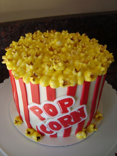 popcorn bucket - This was for my daughter's 9th birthday.  it is all buttercream except for the red stripes and the word POPCORN.  the popcorn itself is also buttercream. i used a 12 and i think a 5 tip and then painted the inside brown.  much easier than i thought and i think it looks more realistic than the mini marshmellow method. Popcorn Cake, Specialty Cake, Popcorn Bucket, Corn Cakes, Crazy Cakes, Specialty Cakes, Unique Cakes, Novelty Cakes, Occasion Cakes