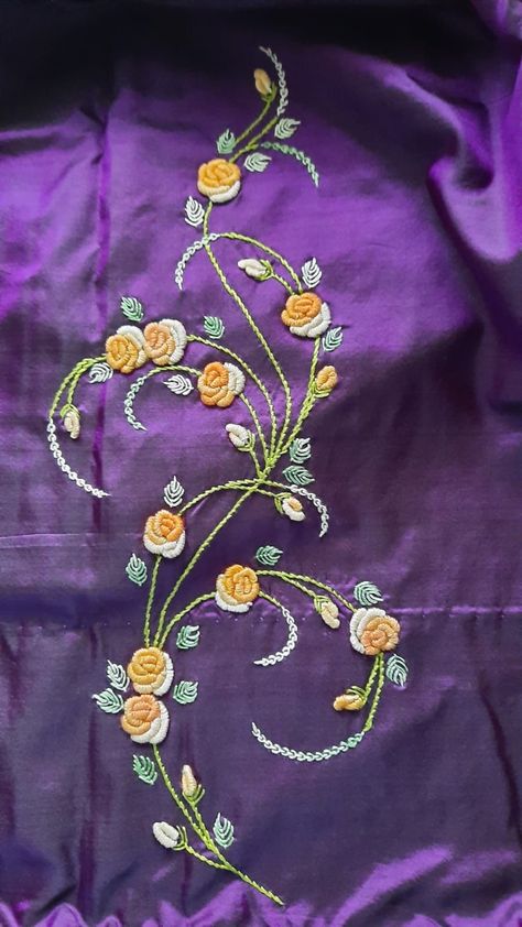 Simple Hand Embroidery Designs For Kurti, Hand Embroidery Suits Design, Rose Embroidery Designs, Simple Hand Embroidery Patterns, Embroidery Suit, Saree Embroidery, Hand Embroidery Dress, Simple Embroidery Designs, Diy Embroidery Designs