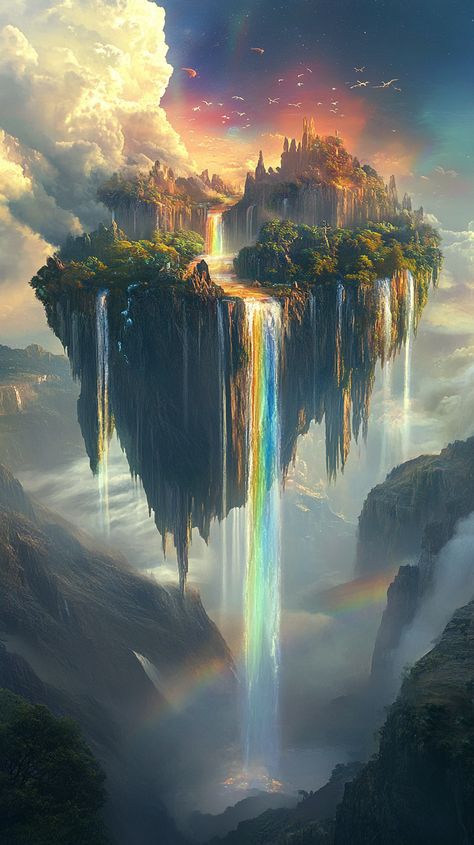 A surreal landscape with floating islands and crystal waterfalls, illuminated by splitting rainbows that dance with mysterious creatures in the twilight. Floating Island In Space, Dragon Island, Fantasy Vibes, Floating Islands, Surreal Landscape, Floating Island, Header Banner, Inspiring Art, The Scene