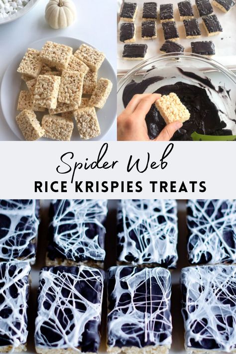 Krispie Treats Halloween, Hollow Web Party Ideas, Halloween Rice Krispie Treats Ideas Spider Web, Spider Web Rice Crispy Treats, Creepy Rice Krispie Treats, Spider Halloween Party, Chocolate Dipped Rice Krispie Treats Halloween, Halloween Party Baked Goods, Halloween Treats With Rice Krispies