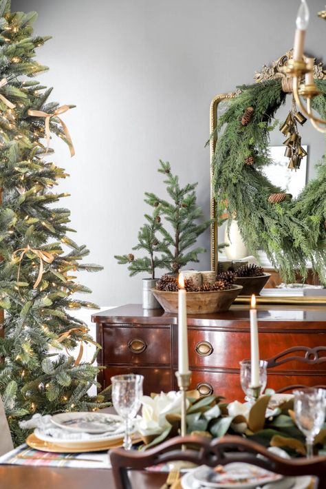 Dining Room Christmas Tree Ideas, Formal Dining Room Christmas Decor, Kendall Charcoal Benjamin Moore, Pottery Barn Dishes, Dining Room Christmas Decor, Christmas Dining Room Decor, Dining Room Christmas, Greenery Christmas, Magnolia Garland