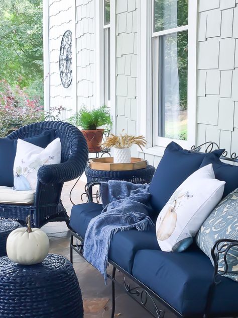 Fall Patio Decor, Fall Patio, Navy Blue Sofa, Manor Farm, Plaid Tablecloth, Patio Inspiration, Grey Pillows, Front Porches, Blue Sofa